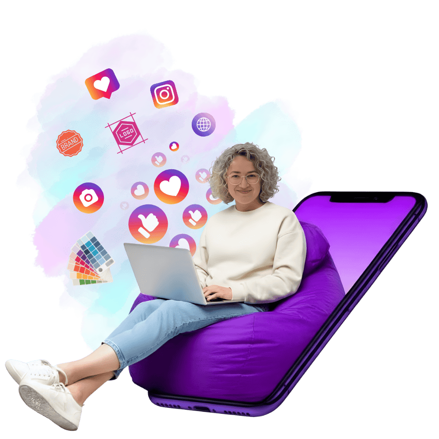 Frau sitzt auf einem Smartphone-Sitzkissen mit Laptop, aus dem Instagram-Logos, Farbpalette, Logo- und Branding-Elemente springen – Darstellung meiner Leistungen in Design, Social Media und Markenaufbau.