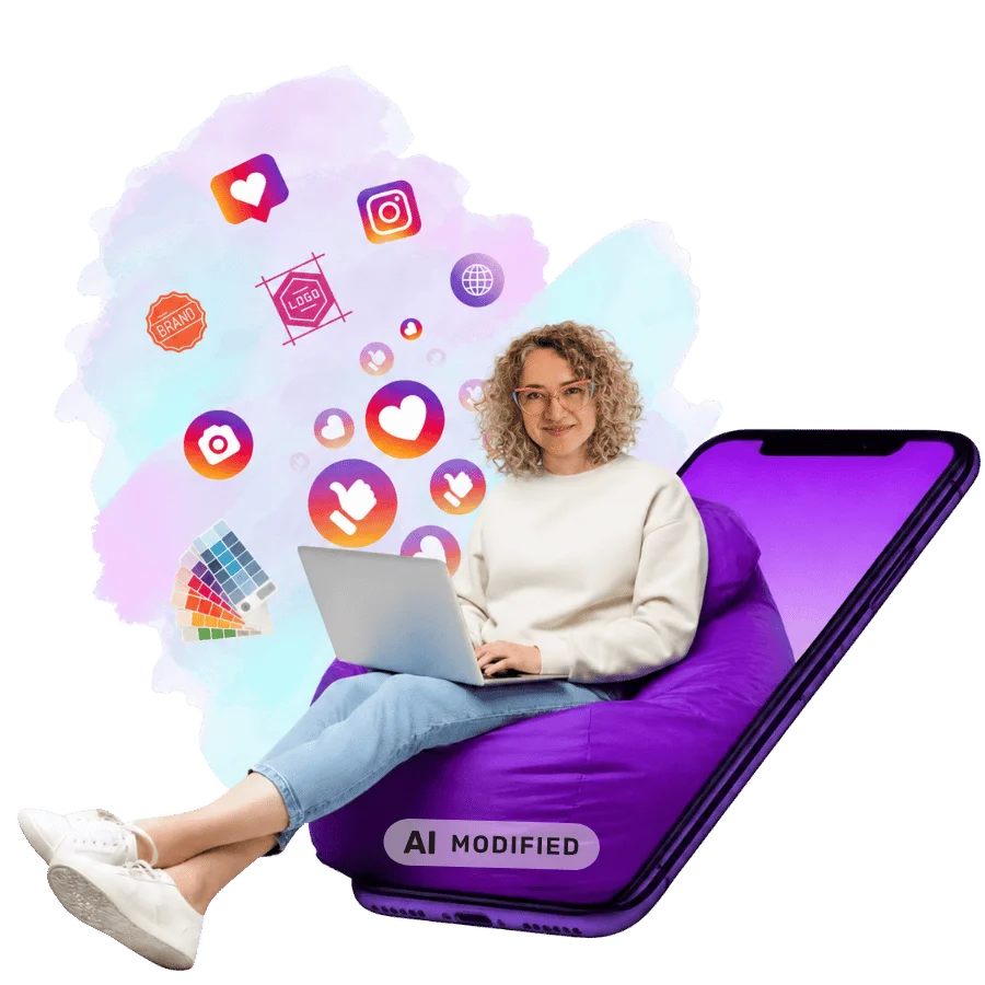 KI-modifiziertes Bild: Xenia Haak mit Laptop in einer kreativen Darstellung zu Branding, Webdesign und Social Media