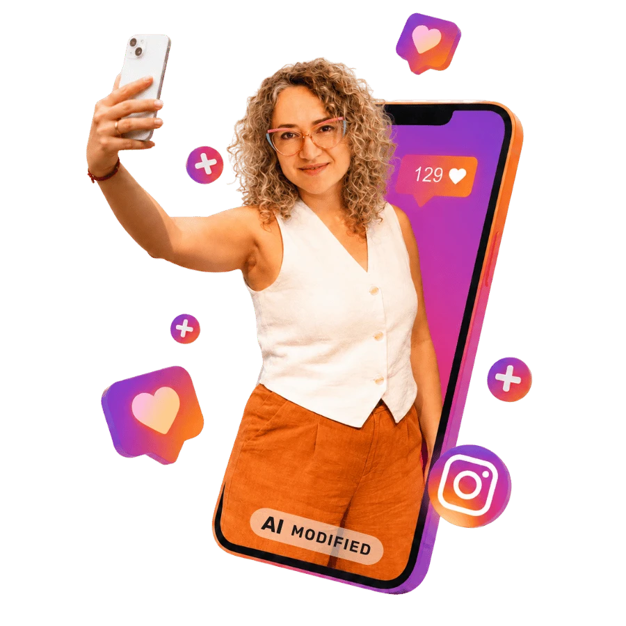 KI-modifiziertes Bild: Xenia Haak hält ein Smartphone vor einer Social-Media-Grafik